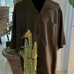 Tommy Bahama Short Sleeve Shirt, Mens XL  Brown w Large Applique, 100% Silk